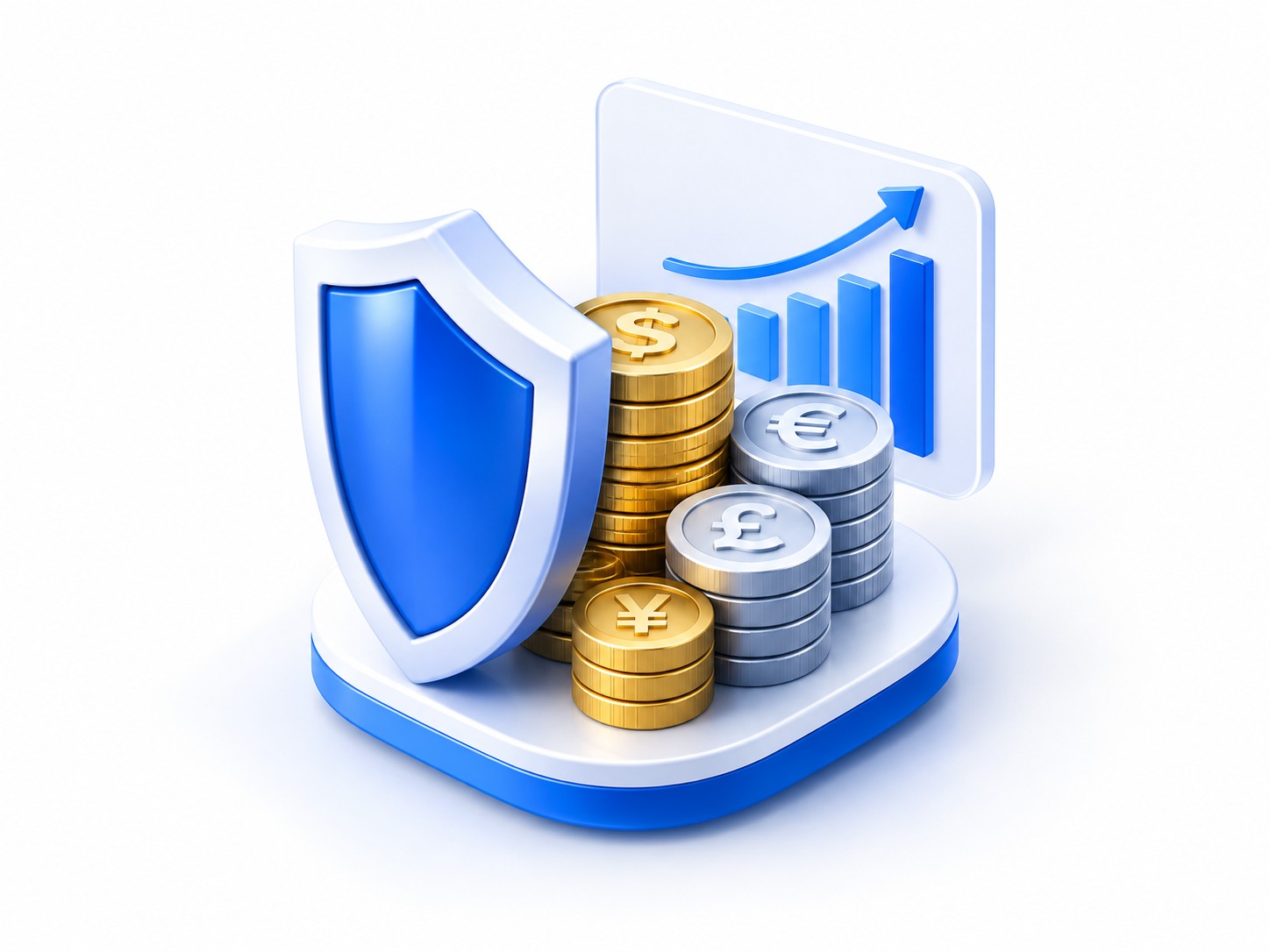 Shield protecting a stack of mixed currency coins with a chart behind