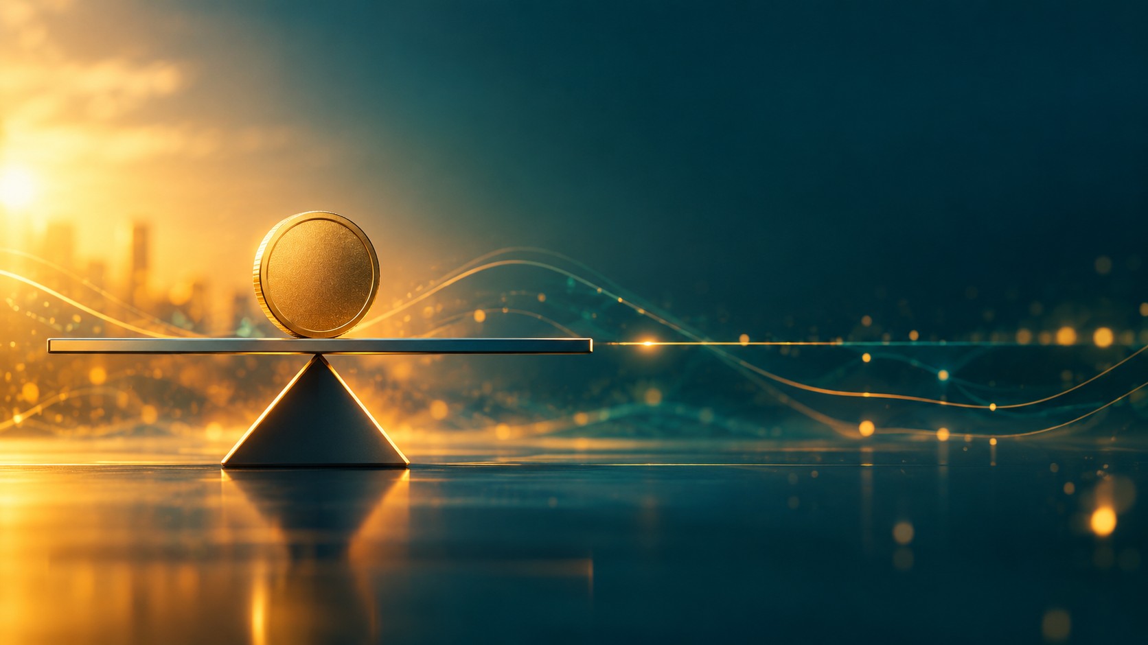 Coin resting perfectly level on a balance beam with a flat price line