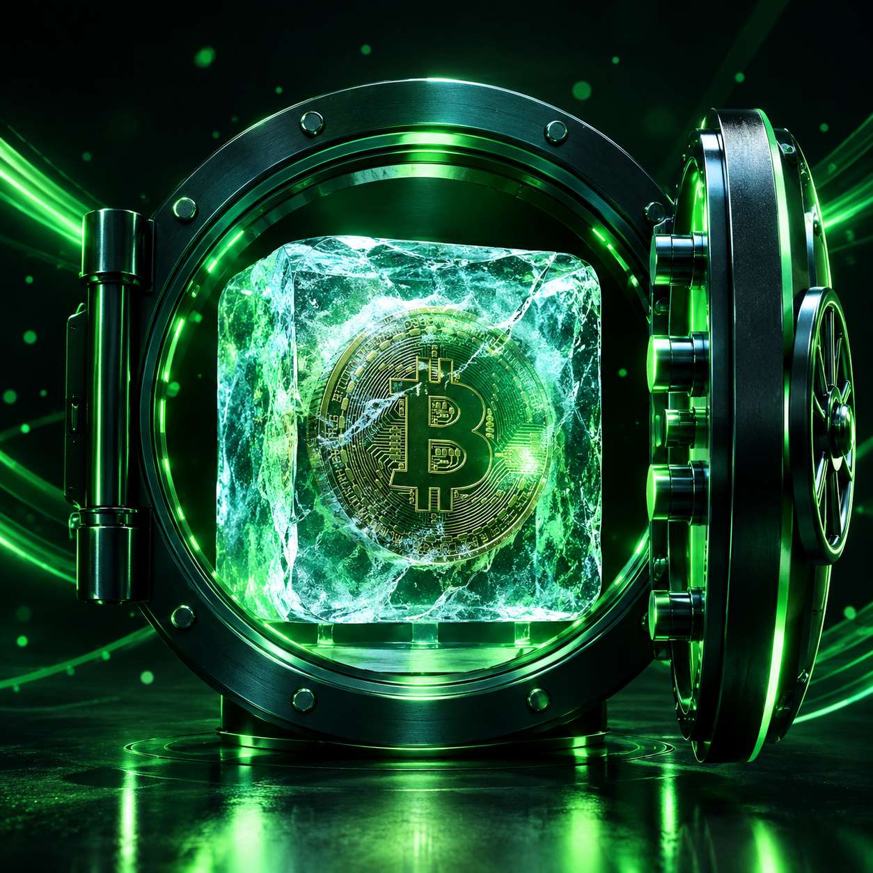 Frozen ice block encasing a crypto coin in a secure vault