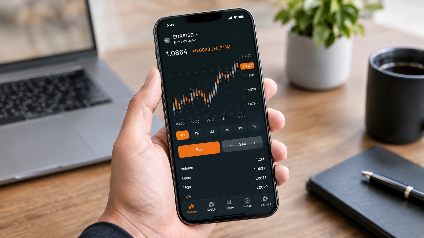 Smartphone showing a clean forex trading interface held in hand
