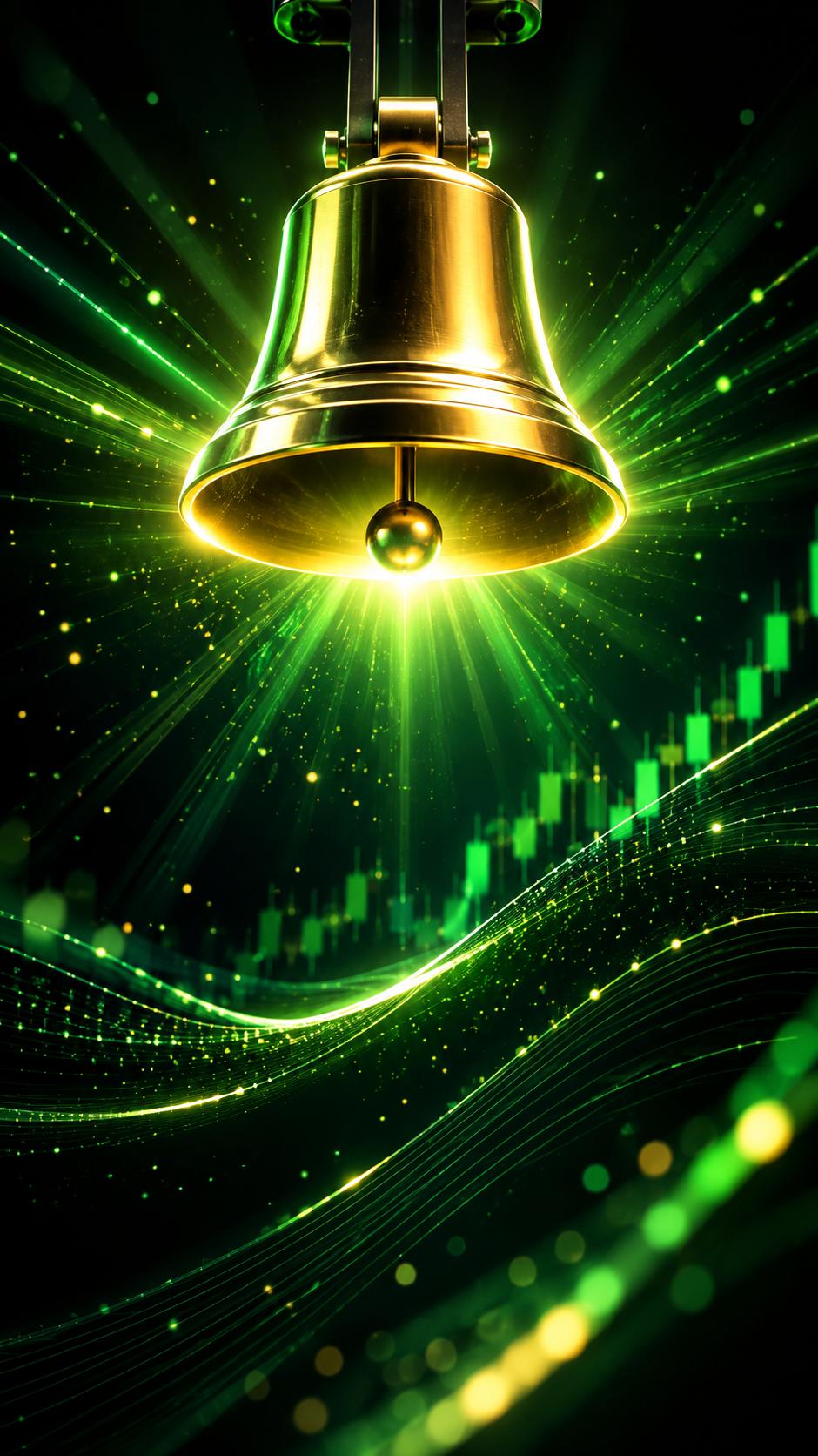 Golden bell with light rays at the moment of market open